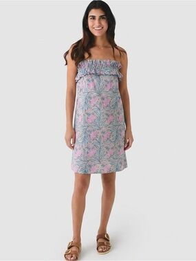 Stark X Strapless Floral Block Print Cotton Ruffle Mini Dress Medium Boho Resort